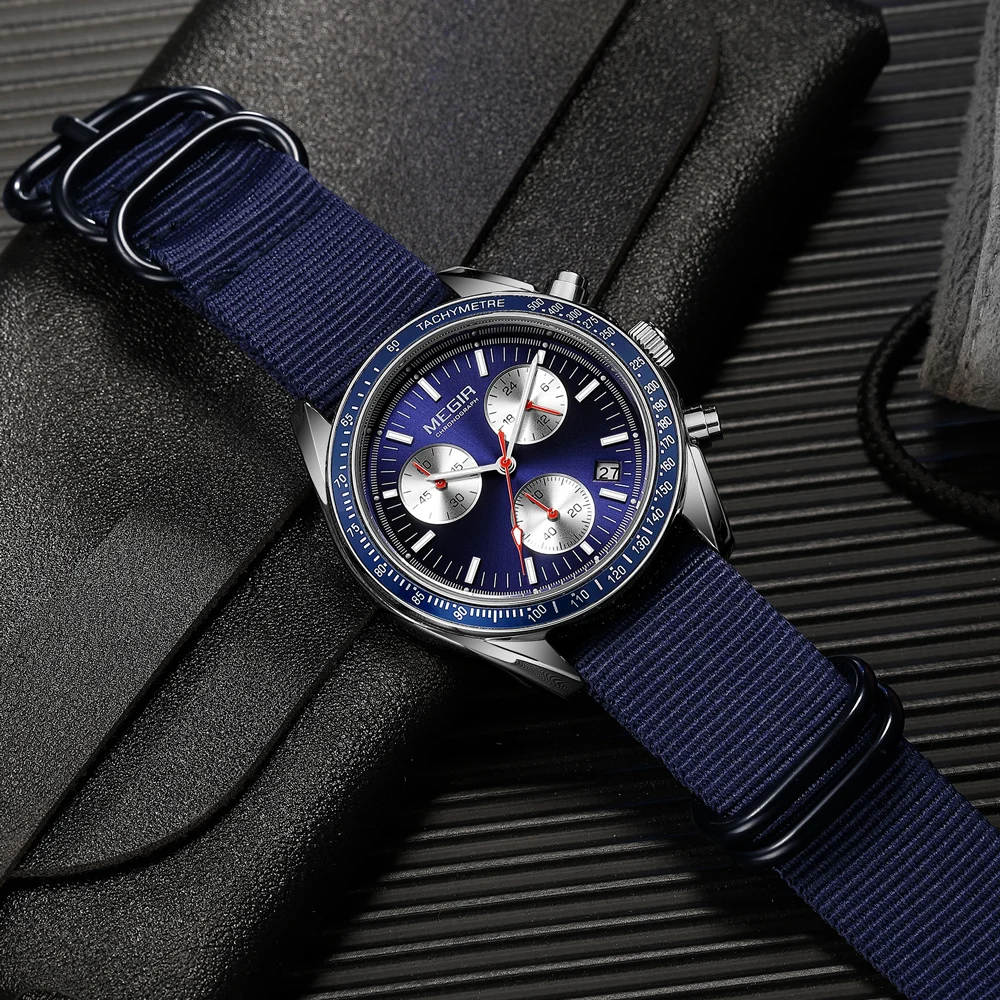 Relojes MEGIR con cronógrafo de cuarzo, reloj de pulsera deportivo resistente al agua para hombre con correa de nailon a la moda, punteros luminosos con fecha, regalo para hombre
