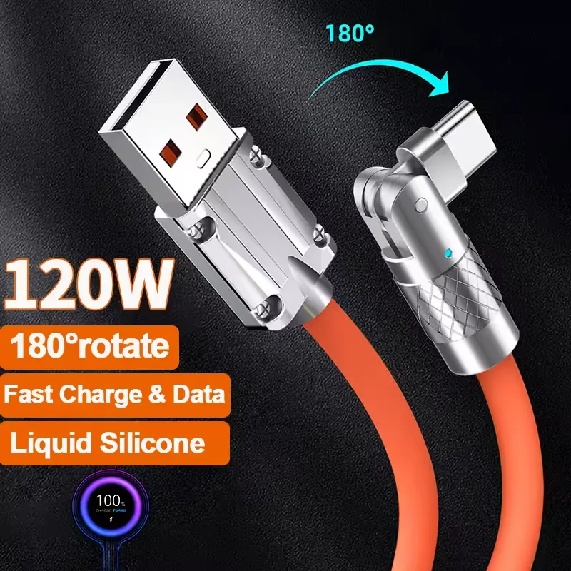 Cable USB tipo C de carga rápida de 120W 7A Cable de codo de rotación de 180 grados para juegos para Xiaomi Redmi Honor cargador de teléfono Cable USB C