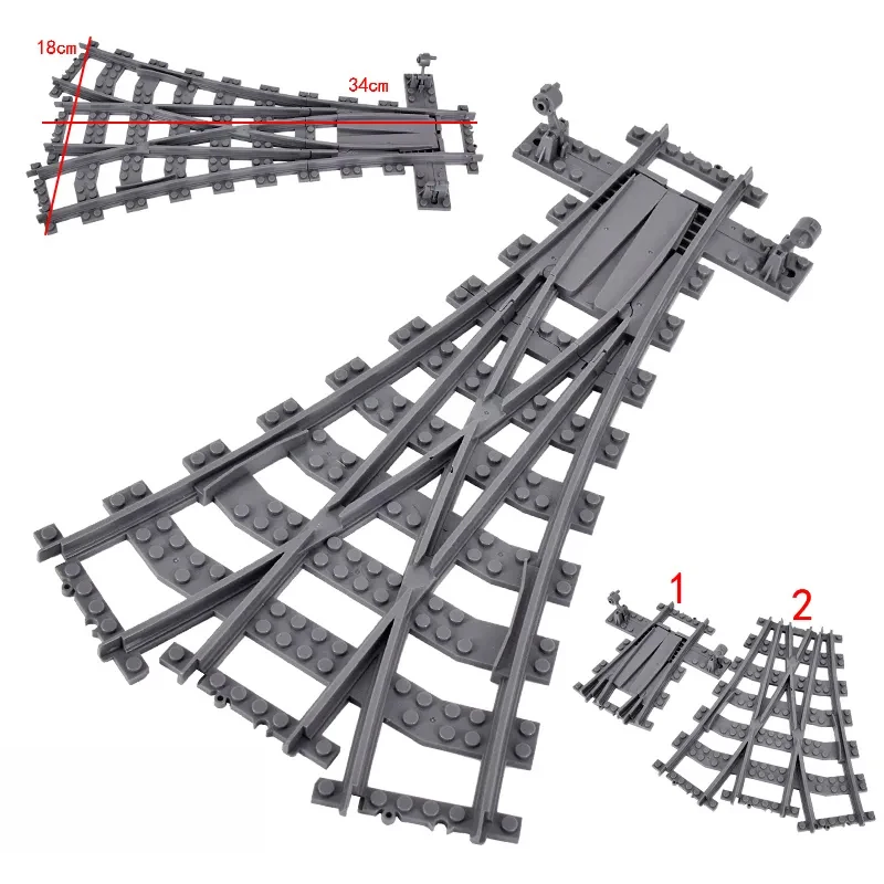 Trenos urbanos, puntos izquierdo y derecho, interruptor Flexible, vías de cruce ferroviaria, rieles, bifurcados, rectos, curvos, bloques de construcción, juguete