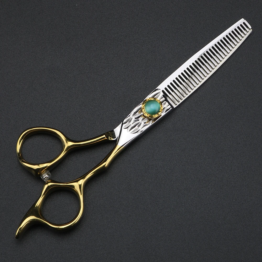 Tijeras para el cabello XUANTENG doradas de 6 pulgadas, tijeras para cortar tornillos de ágata verde y juego de tijeras para adelgazar