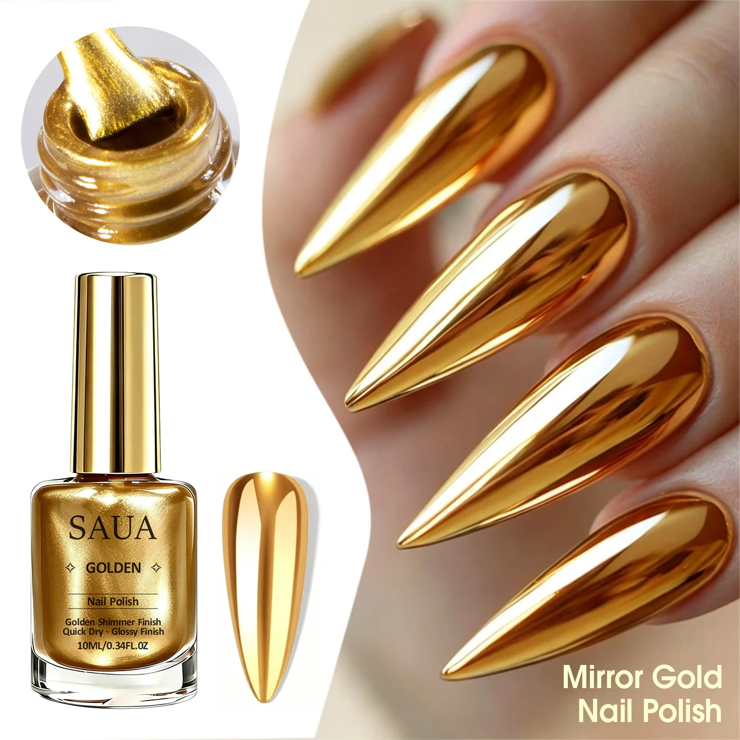 Esmalte de uñas metálico dorado de 10 ml – Secado rápido, no requiere lámpara; proporciona un acabado metálico duradero y natural con efecto espejo.