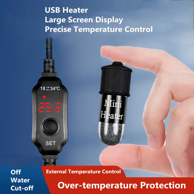 Mini calentador de tanque de peces de acuario con varilla de calentamiento de carga USB, termostato sumergible, temperatura ajustable, 18-34 ℃