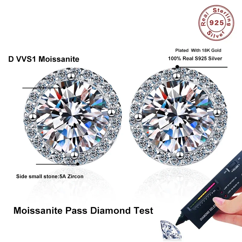 Pendientes de tuerca con moissanita NeeTim para mujer, de plata de ley S925 con baño de oro blanco, ideales para bodas y como joyería fina.