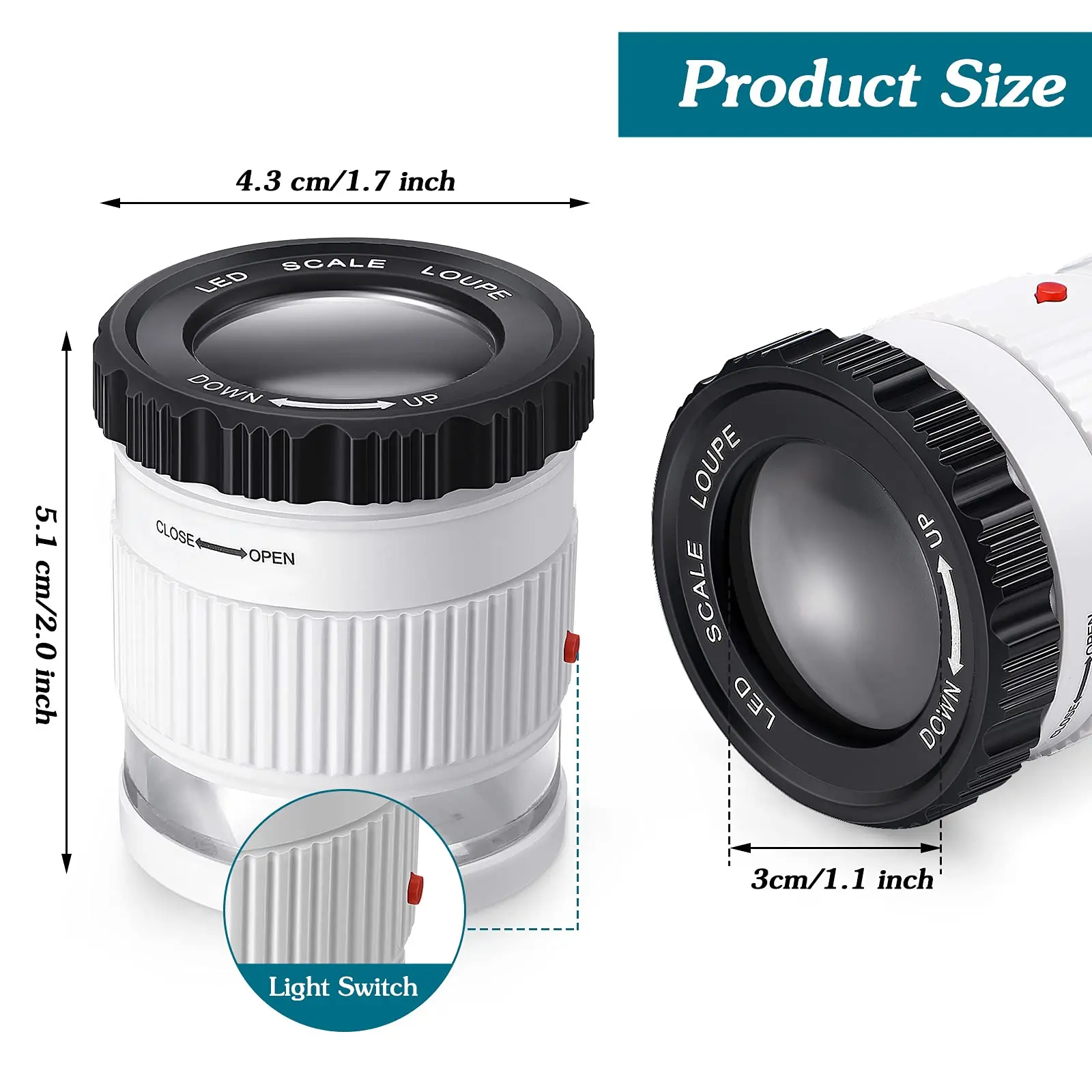 Lupa de mano cilíndrica 30X con escala LED Luz UV Lupa iluminada Focal ajustable HD Lupa joyería Lupa