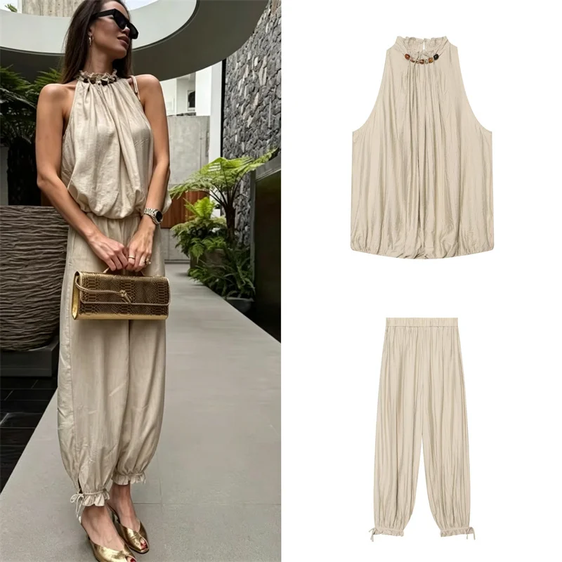 Conjunto de 2 Piezas para Mujer 2026: Top Halter sin Mangas con Cuentas y Pantalones Holgados con Cintura Elástica