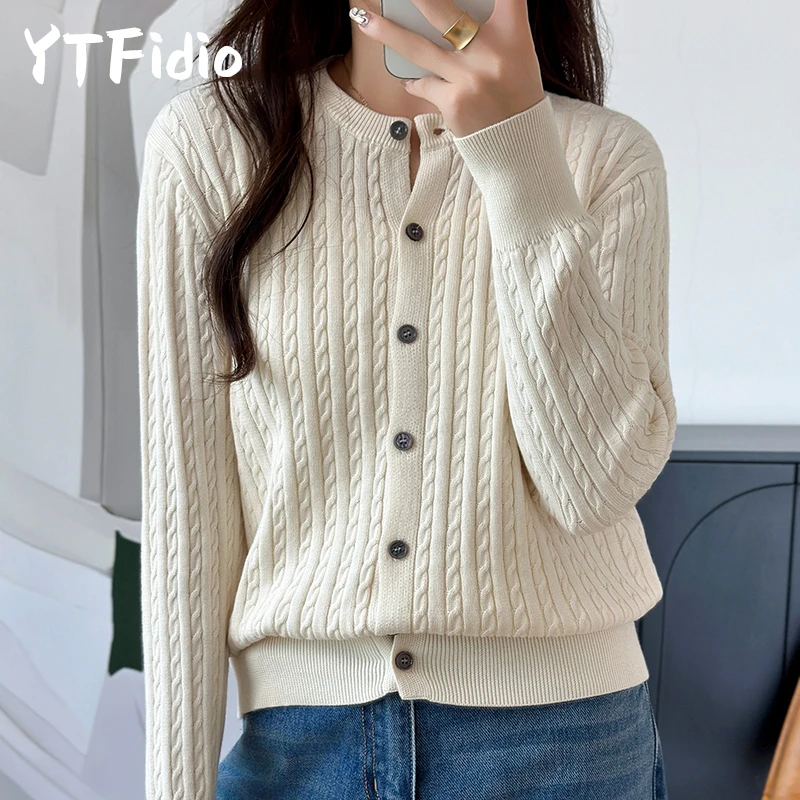 YTFidio 100% de algodón para mujer, cárdigan liso con flores retorcidas y cuello redondo, ropa de diseñador de lujo, jersey para mujer, Tops femeninos 392