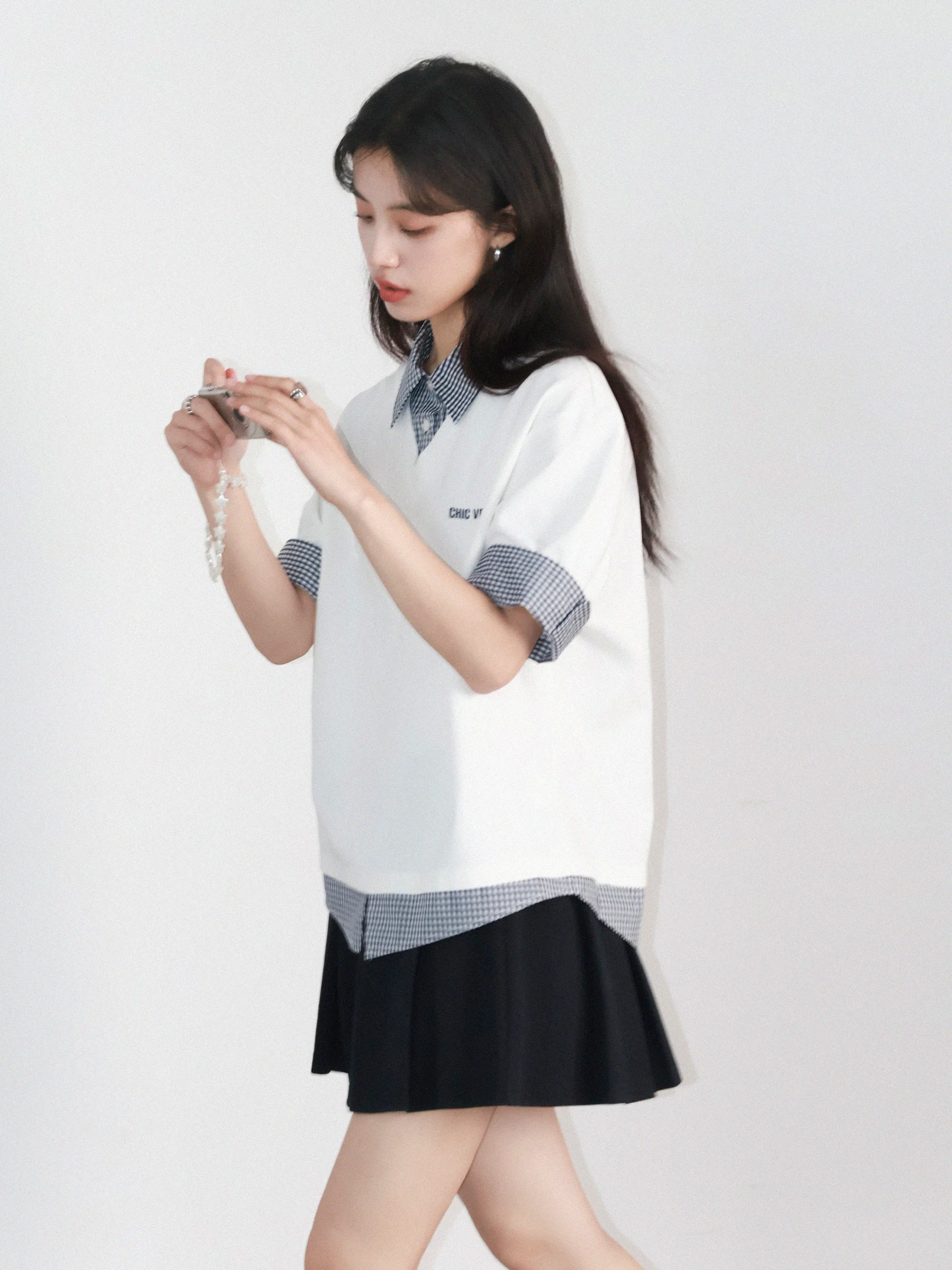 CHIC VEN-camisetas holgadas e informales para mujer, camisetas de manga corta a cuadros con contraste, Polo de retazos para primavera y verano 2025