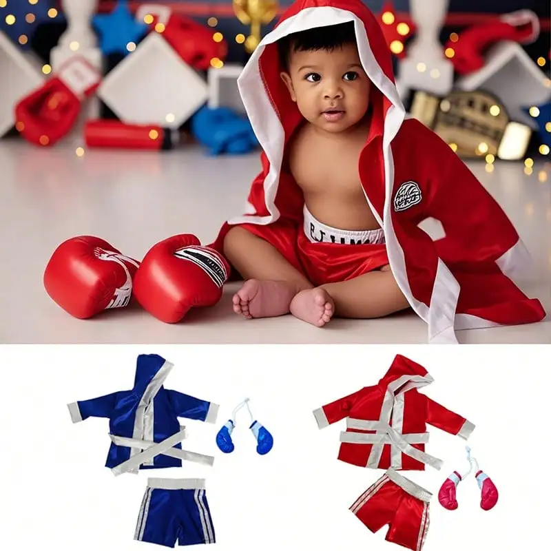 Trajes de fotografía para recién nacidos, conjunto de bata de boxeo para bebé con guantes, pantalones cortos tipo bóxer, accesorios, disfraces de campeón de boxeo