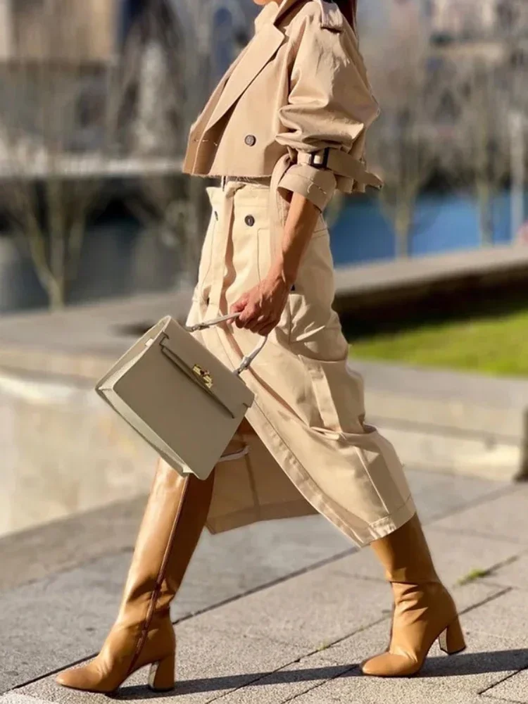 Conjuntos de dos piezas a la moda, chándal de oficina para mujer, ropa de calle, conjunto de carga, chaqueta de manga larga y traje envolvente con faldas con abertura alta