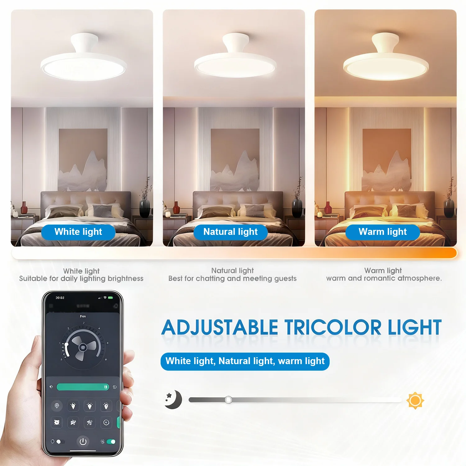 Ventilador de techo moderno e invisible IRALAN con luz LED, motor de corriente continua, gran capacidad de ventilación y control remoto, ideal para dormitorios y comedores.