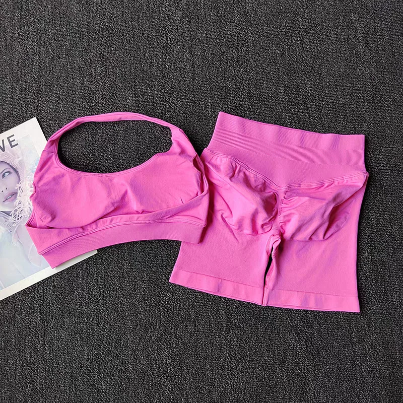 Conjunto de Yoga de 2 Piezas para Mujer, Ropa Deportiva sin Costuras para Gimnasio, Sujetador Deportivo Halter con Shorts a Juego, Conjuntos de Entrenamiento