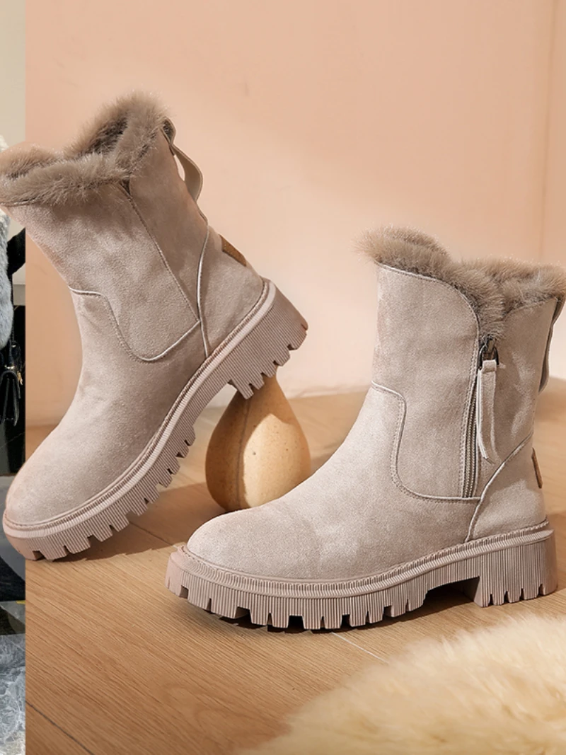Nuevas botas de nieve para Mujer, botas de plataforma de diseñador a la moda cálidas de invierno, zapatos planos de felpa cortos antideslizantes, zapatos de gamuza para Mujer