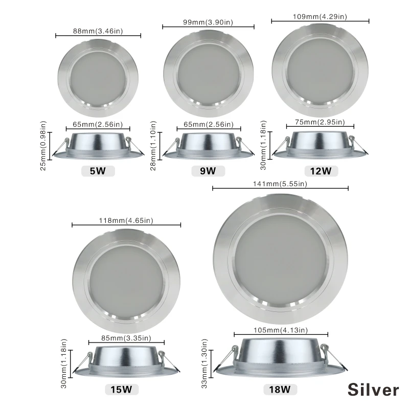 Lote de 10 Focos LED Empotrables de 5W, 9W, 12W, 15W y 18W, 220V, Luz de Techo Redonda, Luz Blanca Fría y Cálida