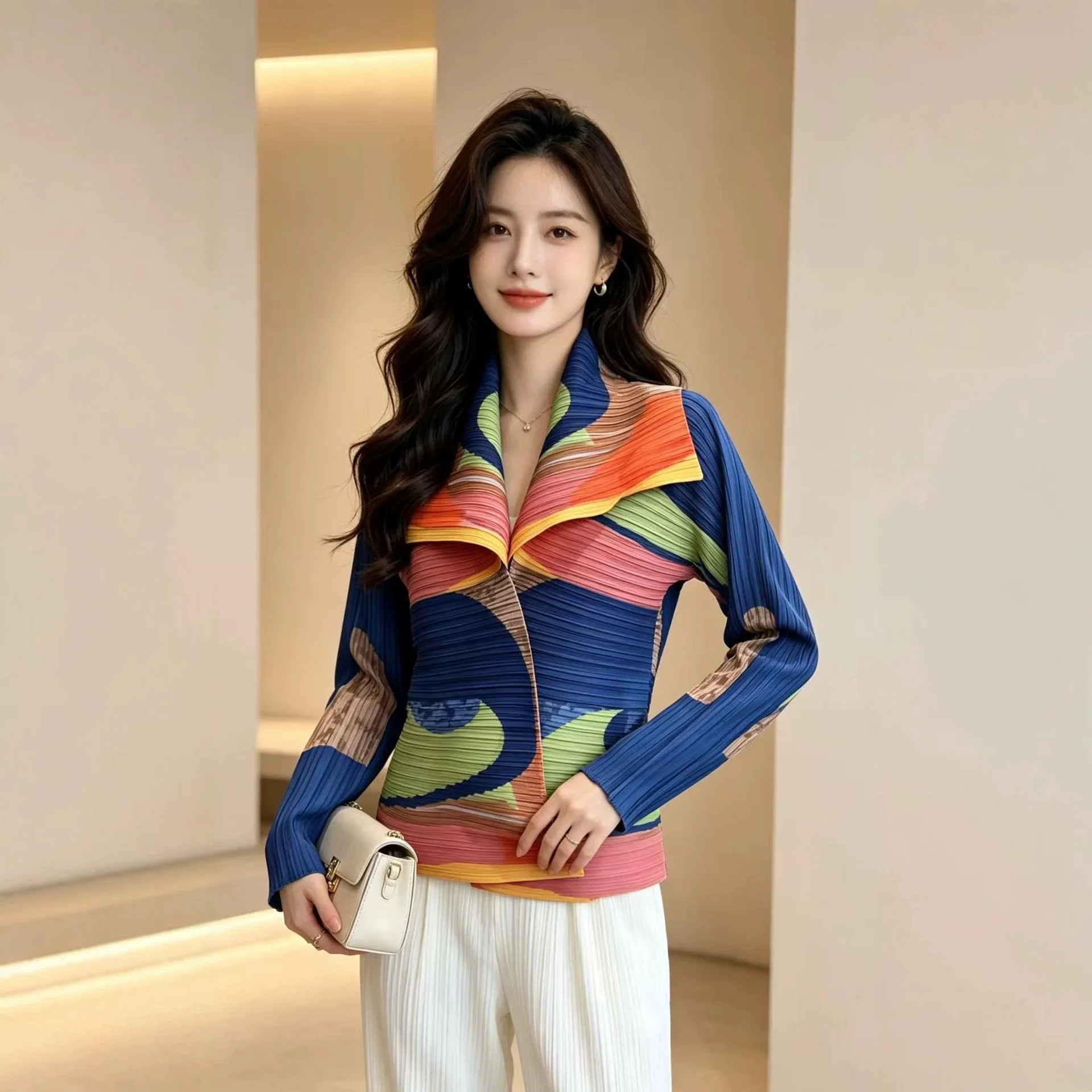 Camisa Plisada con Estampado de Dibujos Animados Miyake para Mujer, Cuello Solapa, Manga Larga, Cierre de Botón, Top de Moda, Cárdigan, Nueva Colección 2026