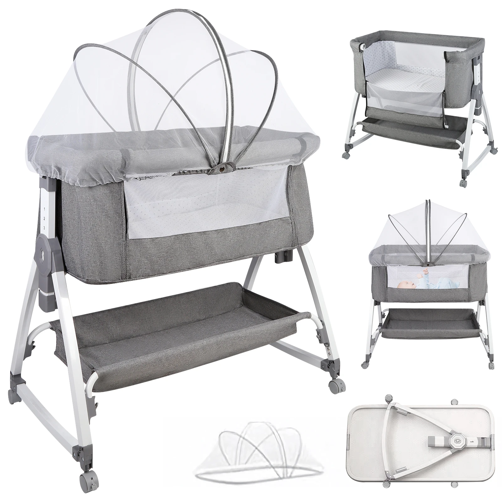 Cuna 4 en 1 para bebé, cuna portátil, cuna multifuncional y cambiador, colchón, mosquitera, cesta de almacenamiento, altura ajustable