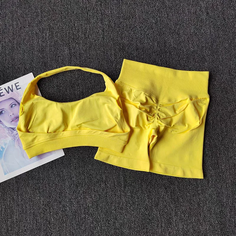 Conjunto de Yoga de 2 Piezas para Mujer, Ropa Deportiva sin Costuras para Gimnasio, Sujetador Deportivo Halter con Shorts a Juego, Conjuntos de Entrenamiento