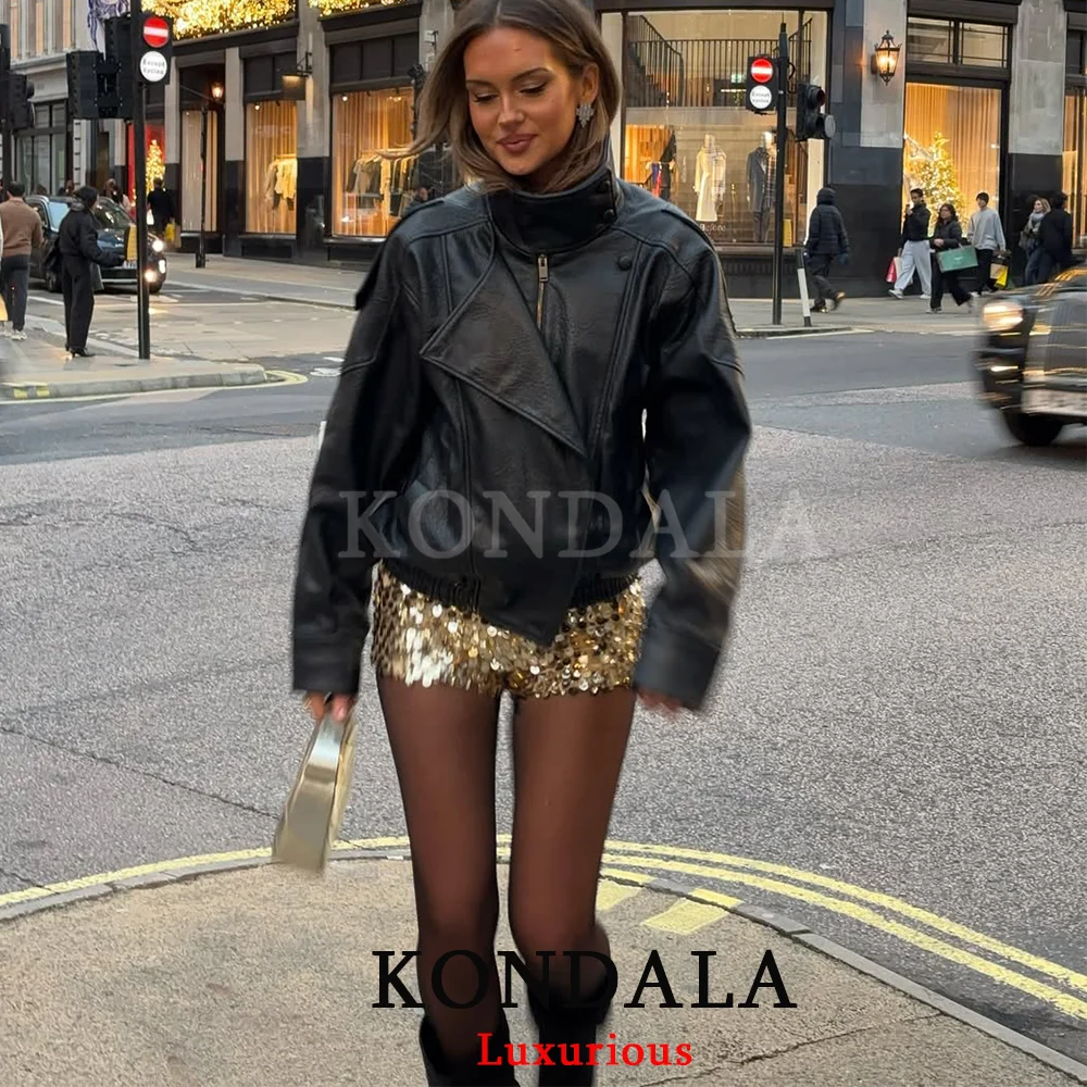KONDALA, chaquetas informales elegantes de cuero negro para mujer, abrigos elásticos de manga larga con botones, abrigos de gran tamaño a la moda, ropa de calle de primavera 2026