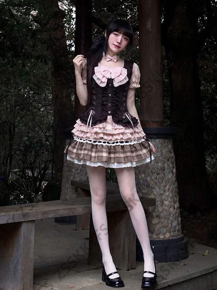 Vestidos Casuales de Verano para Mujer, Estilo Japonés Dulce, Moda Y2K, Vestidos Lolita, Conjunto de 3 Piezas, Ropa de los Años 2000, Chaleco Vintage, Falda Sexy con Lazo, para Fiesta