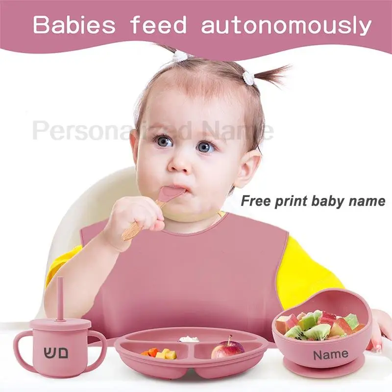Vajilla de silicona para niños, juegos de alimentación de bebé, cuenco con ventosa, plato de comedor, cuchara, tenedor, babero, taza, nombre personalizado, regalo para niños, 6 uds.