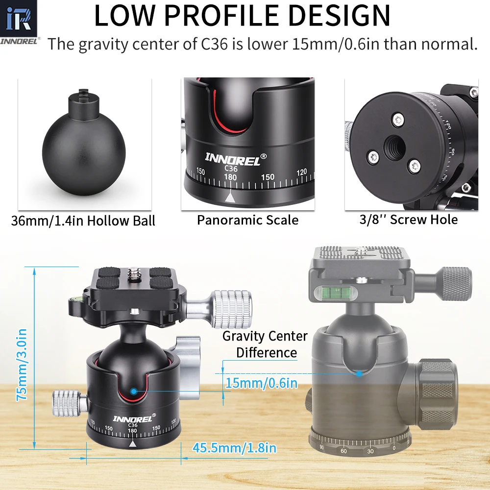 INNOREL C36 Cabeza de bola de perfil bajo 360 °   Cabezal de trípode para cámara panorámica, diámetro 36mm, para monopié, cámaras DSLR, carga de videocámara 16kg