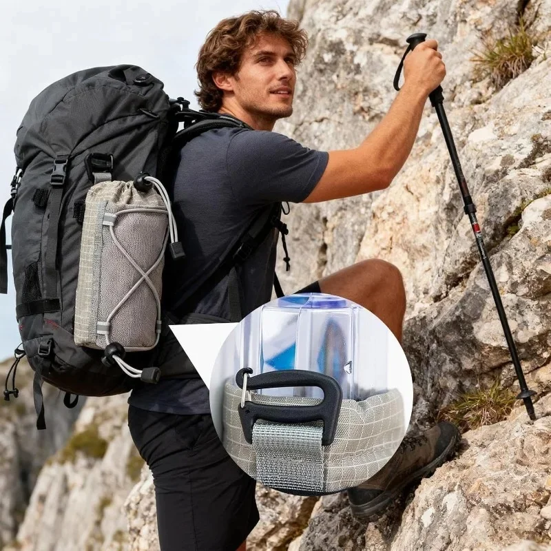 Mochila con correa para el hombro, soporte para botella de agua, bolsa de malla con cordón para senderismo, Camping y viajes