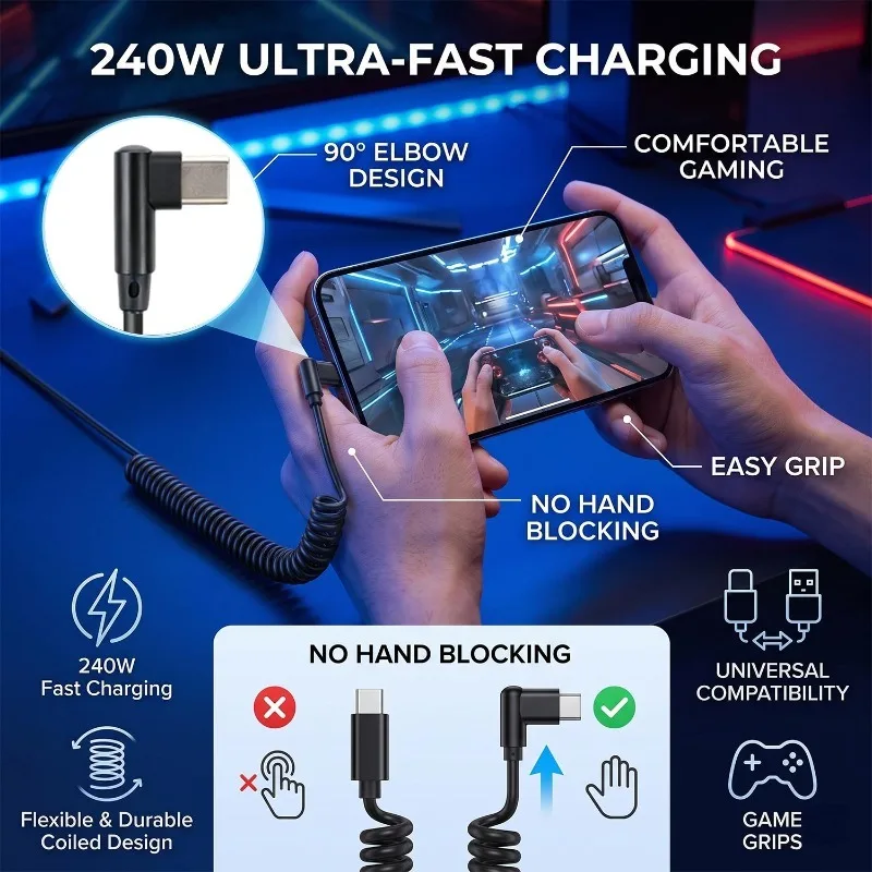 Cable de datos extensible de 240W con resorte corto, USB A a Tipo C, cable de carga rápida para iPhone, Samsung, Huawei, cable cargador de teléfono.