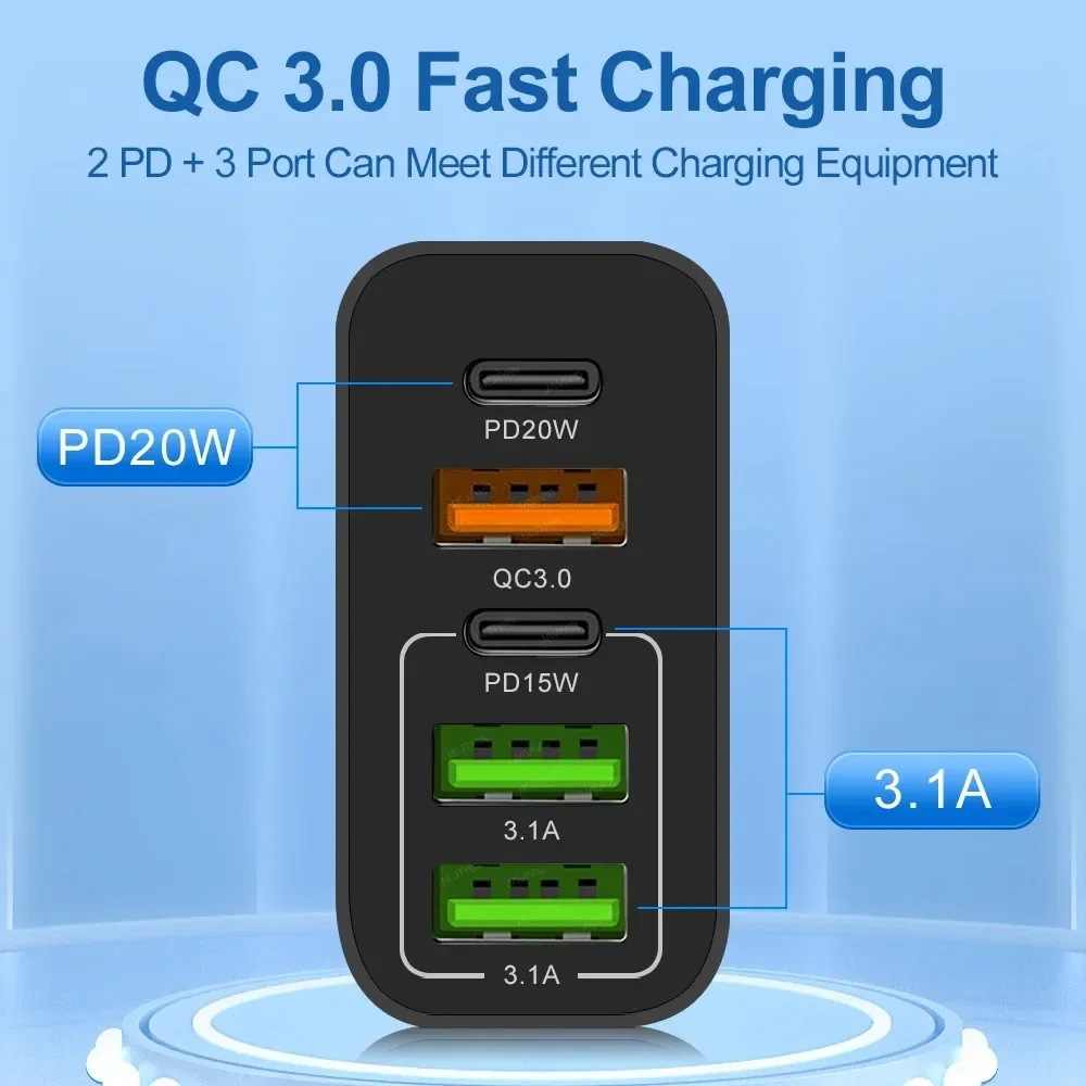 Cargador USB C de 65W y 5 puertos, cargador de teléfono de carga rápida, adaptador de corriente para iPhone, Samsung, Xiaomi, tipo C, cargador de pared de carga rápida