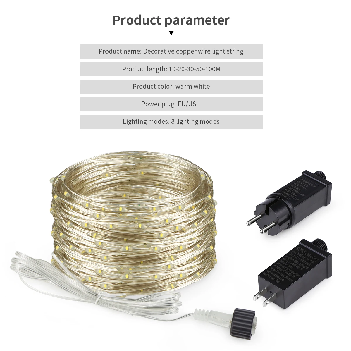Guirnalda de luces LED de alambre de cobre para decoración navideña, enchufe europeo y estadounidense, 220V, 110V a 24V