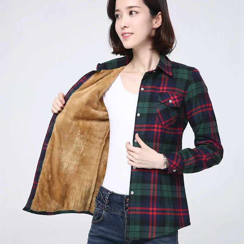 2025 invierno nueva camisa a cuadros cálida para mujer abrigo Casual polar terciopelo más chaqueta gruesa Tops estilo universitario ropa de mujer prendas de vestir exteriores