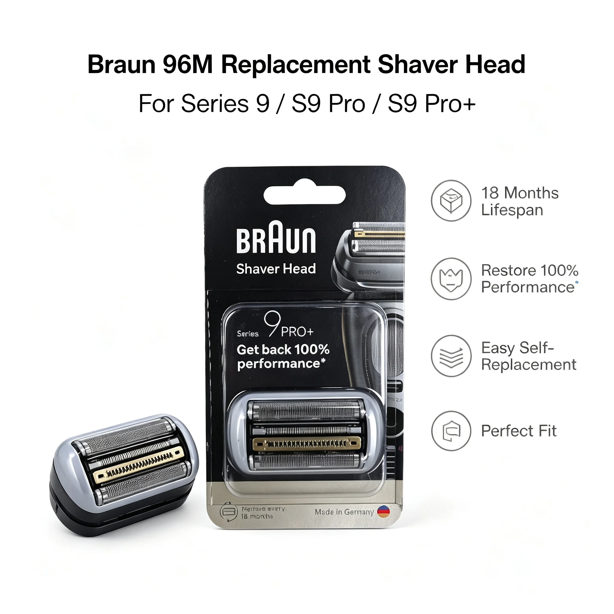 Braun 96M Serie 9 Pro+ Afeitadora eléctrica Cabezal de afeitado Pieza de afeitadora de repuesto Compatible con todas las maquinillas de afeitar Braun Serie 9