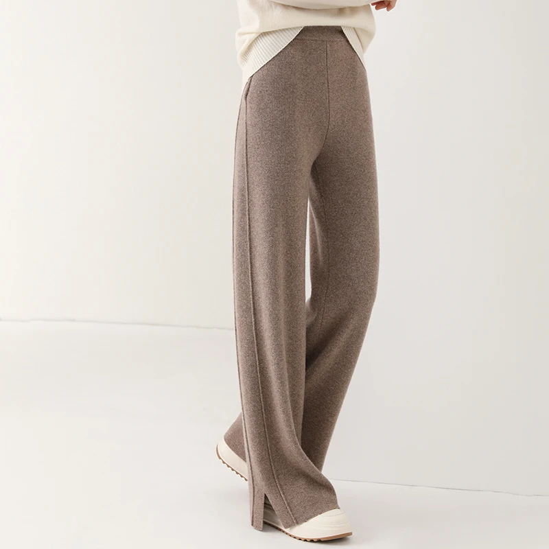 Pantalones de lana de cintura alta para mujer 2024, de ajuste holgado, de cachemira tejida, de pierna ancha, largos hasta el suelo, a la moda, ¡los más vendidos!