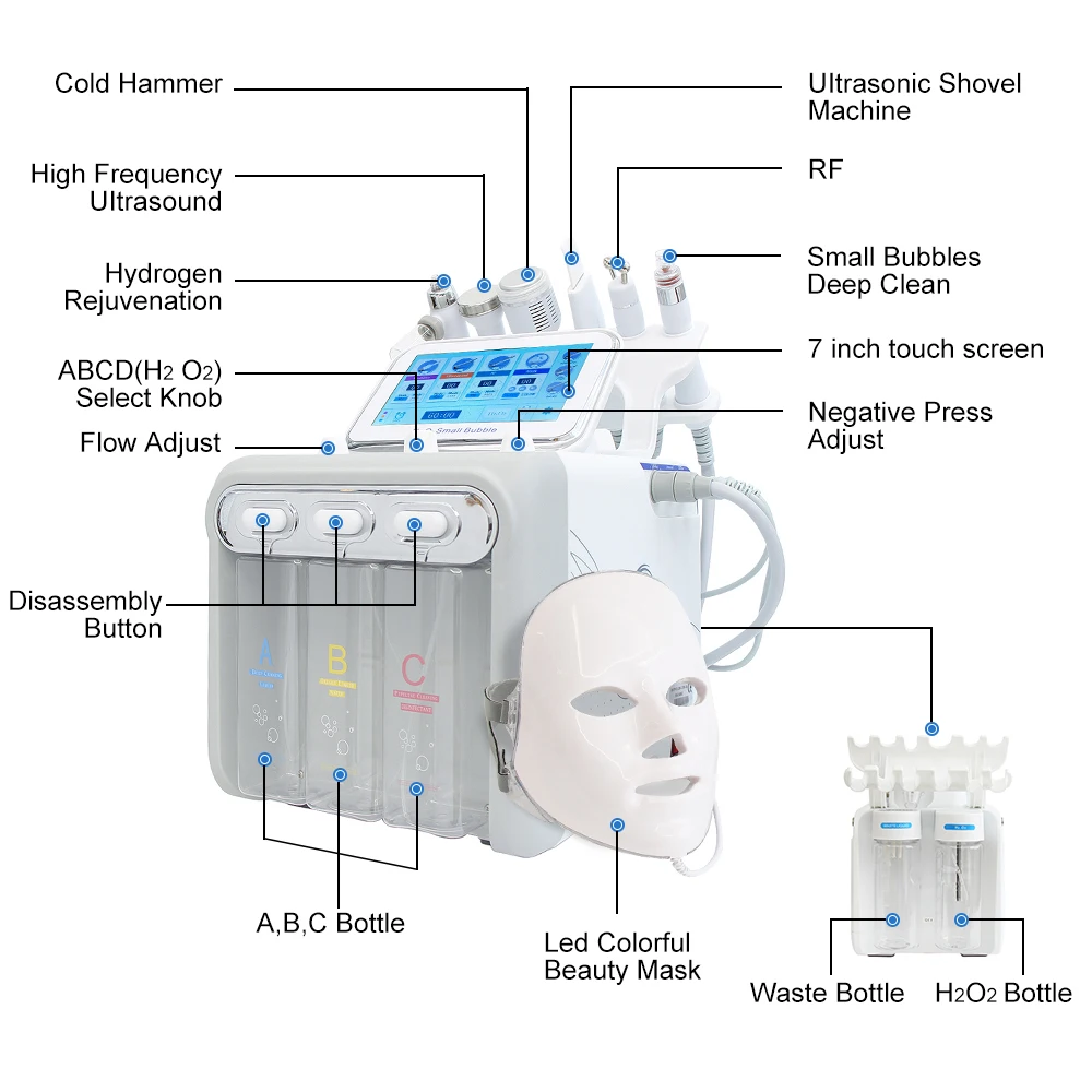 AOKO 6/7 en 1 Dermoabrasión Peel Spa Máquina Facial Rejuvenecimiento de la Piel Hydro Dermoabrasión Aqua Limpieza Profunda Dispositivo de Cuidado de la Piel