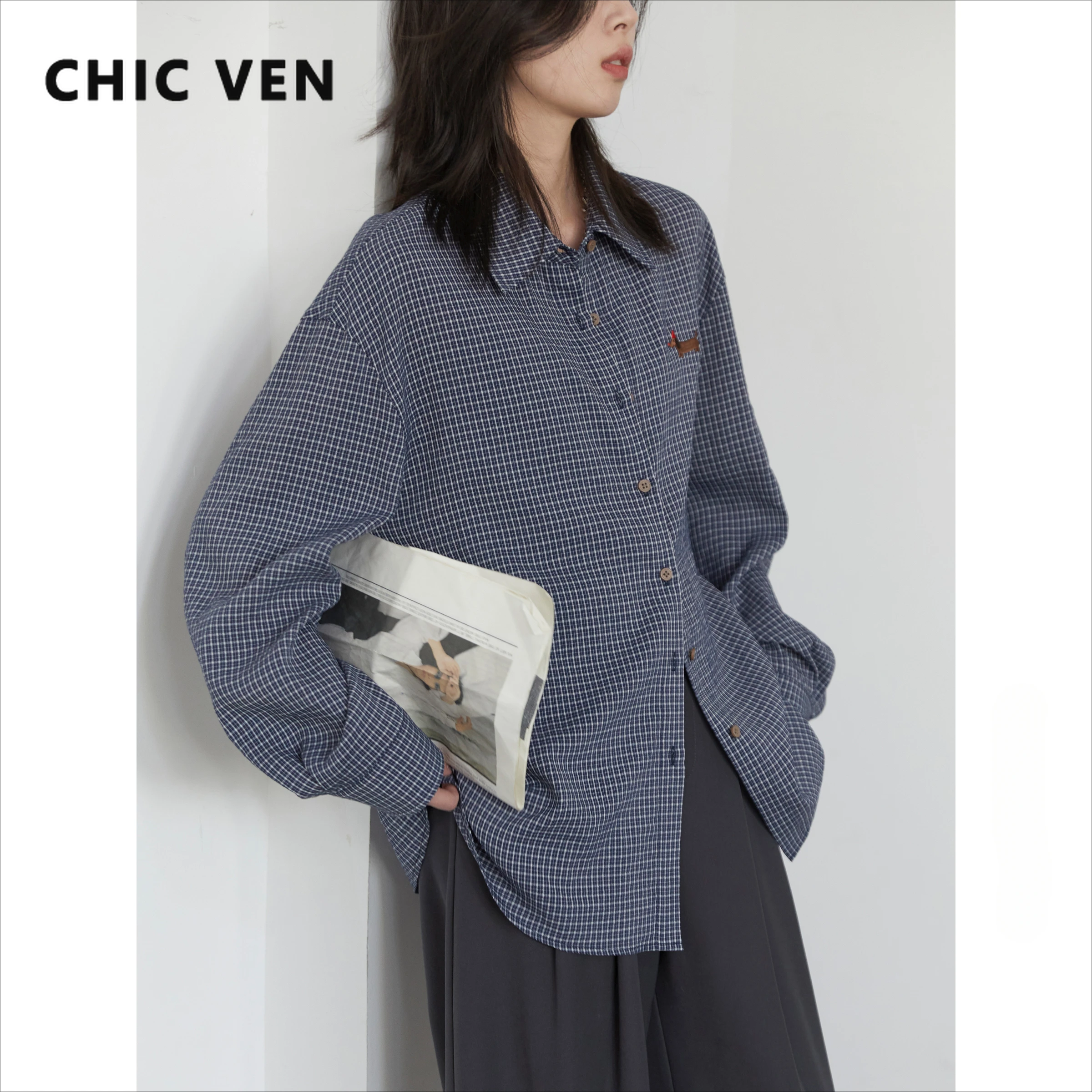 CHIC VEN camisa de mujer de manga larga de un solo pecho nuevas blusas holgadas informales bordadas a cuadros Retro Top femenino Primavera Verano 2025