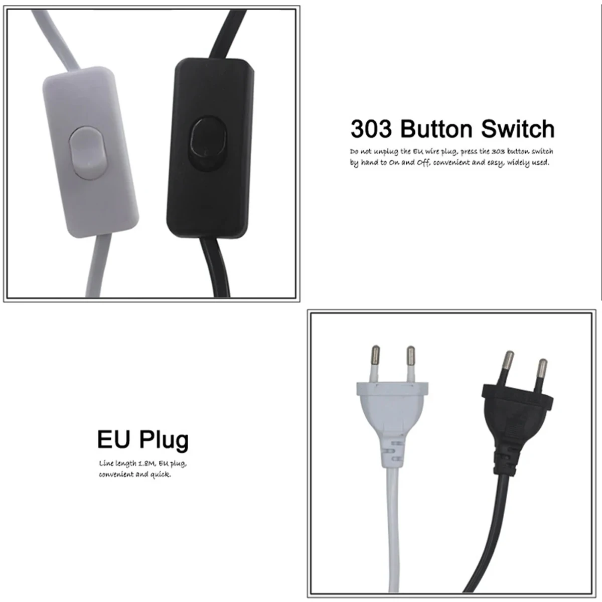 Cable de alimentación de 1.8m con enchufe EU/US, base de lámpara E27 con interruptor y cable para lámpara colgante.