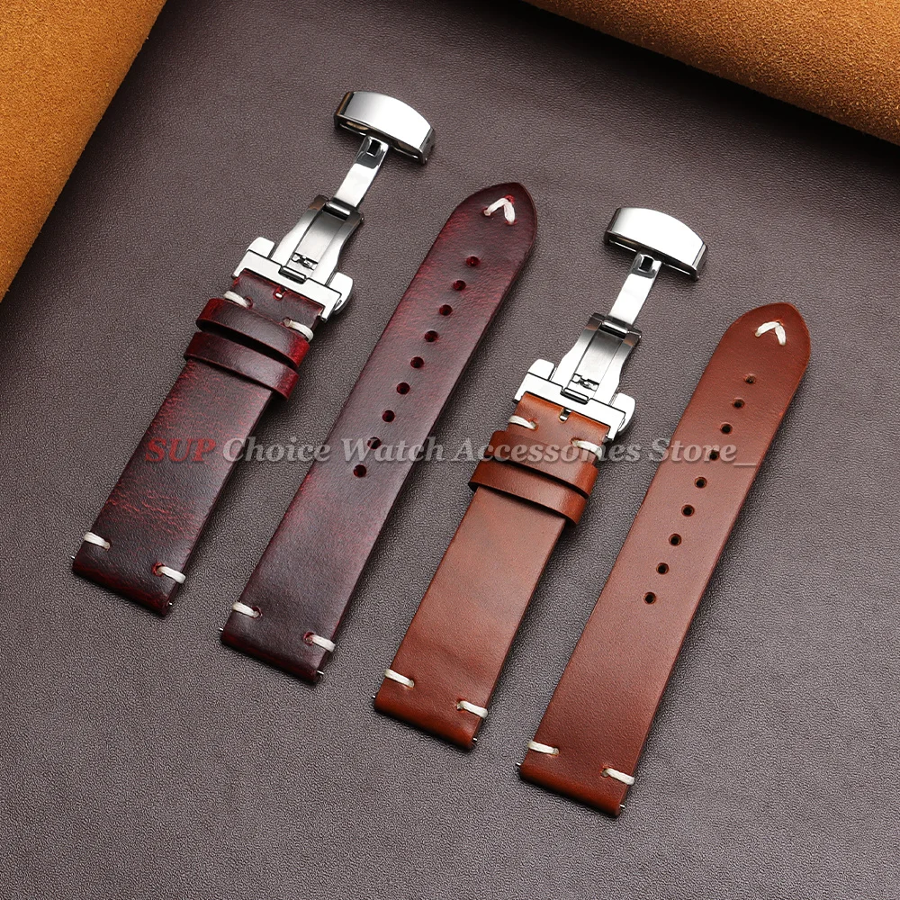 Correa de Reloj de Cuero Encerado Vintage con Cierre de Mariposa, Correa de Cuero Cosida de 18mm 20mm 22mm para Relojes Seiko y Omega