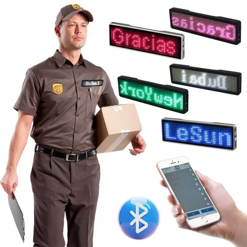 Insignia LED Digital recargable con Bluetooth, tablero de mensajes défilante programable DIY, Mini pantalla LED, etiqueta de nombre LED