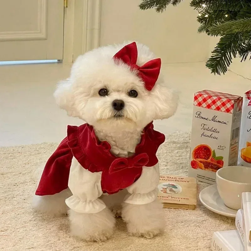 Conjunto de vestido con lazo para cachorro, ropa cálida de invierno para perros, vestido de princesa de Navidad para mascotas, falda de Color sólido de peluche, enviar Clip