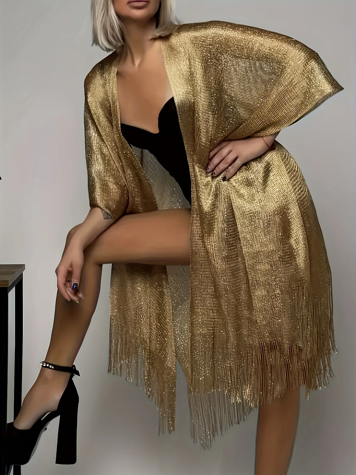 Sexy moda banquete protector solar chal oro plata brillante bufandas para mujeres encaje borla fiesta vestido de noche bufanda