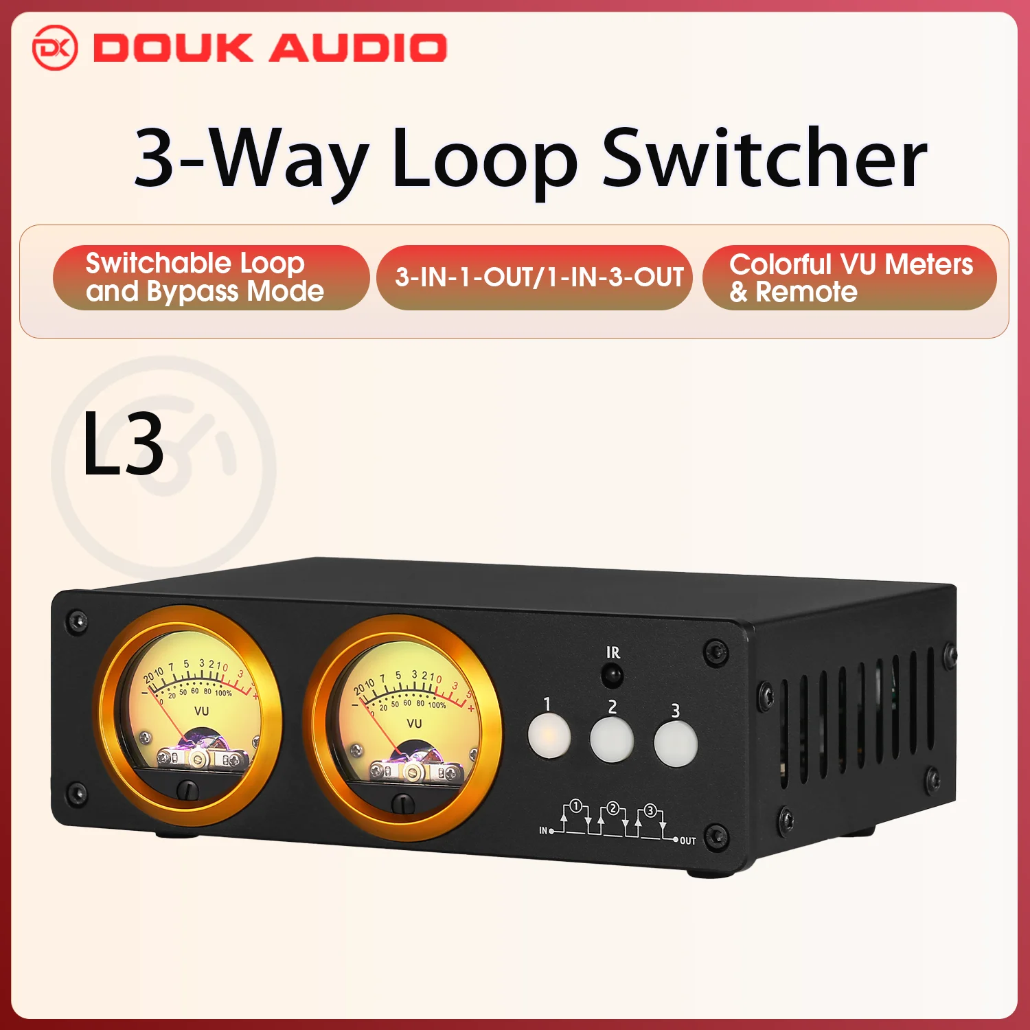 Douk Audio-conmutador de bucle de 3 canales L3, 1(3) en 3(1), Selector de salida, pantalla de medidor de VU Dual, divisor estéreo con Control remoto IR