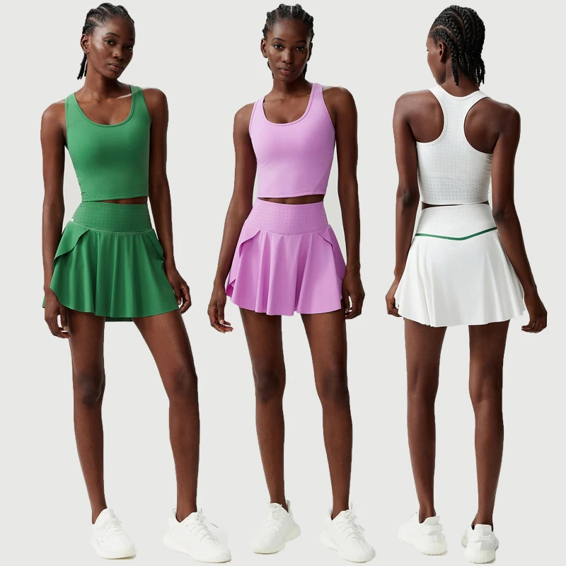Conjunto de dos piezas de Yoga y Fitness para mujer, traje transpirable para correr al aire libre, falda de tenis elástica suave, ropa de entrenamiento, ropa deportiva corta