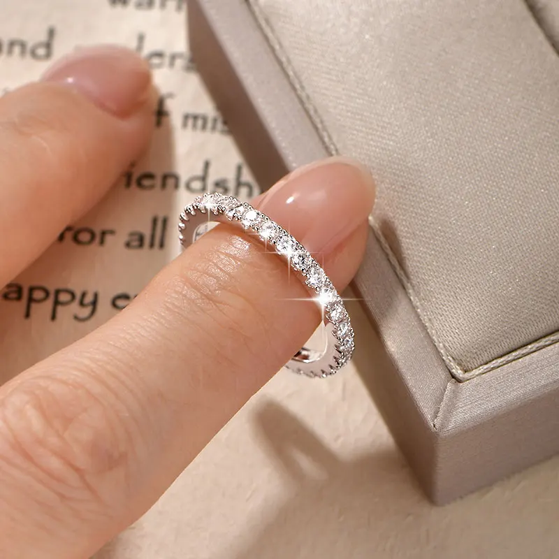 Anziw Anillo de Moissanita Completa de 2mm Color D para Mujer, Brillante Banda de Eternidad para Boda, Anillo de Compromiso de Oro Laminado de 14k, Joyería