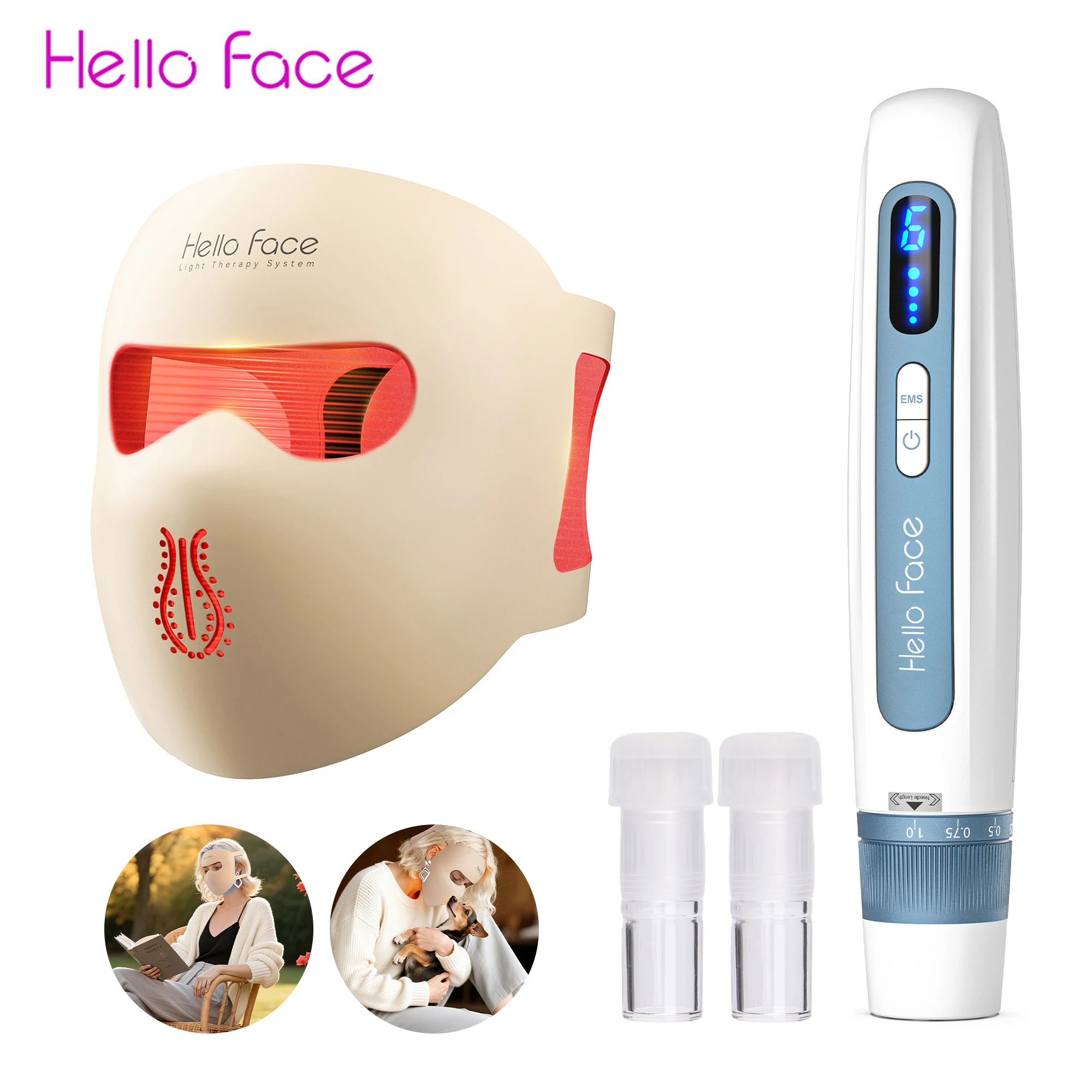 Dermapen Hello Face H5 con kits de mascarilla Hello Face M300 2 en 1, microcorriente, microagujas, longitud de aguja de 0.25 mm