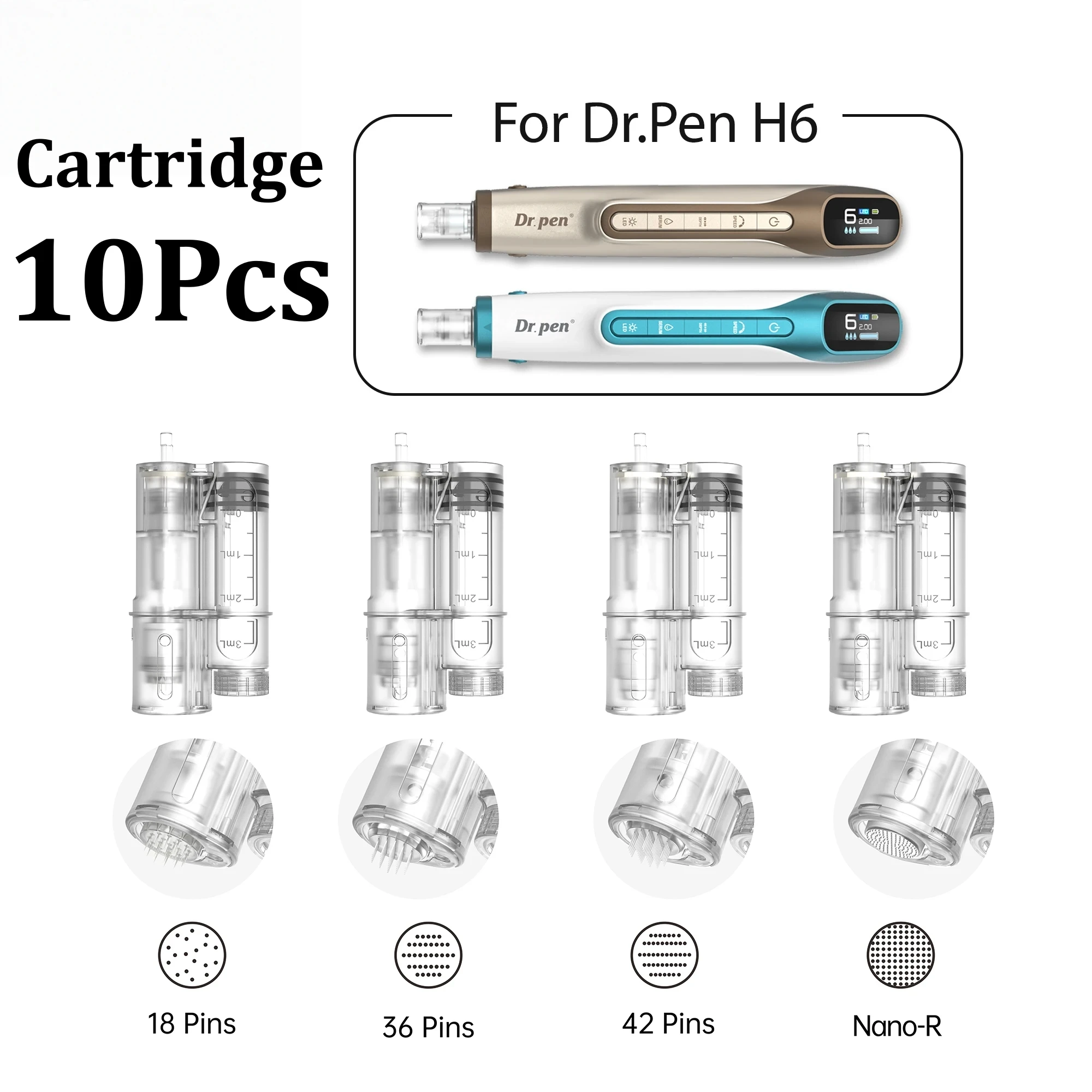 10 unidades de cartuchos Dr. Pen H6 redondos Nano de 18, 36 y 42 pines de 0.25mm, kits de agujas de repuesto para microneedling H6