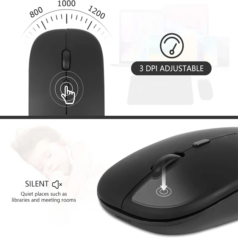Ratón inalámbrico delgado compatible con Bluetooth 2,4G, ratón inalámbrico portátil recargable/batería para iPad, portátil y de escritorio