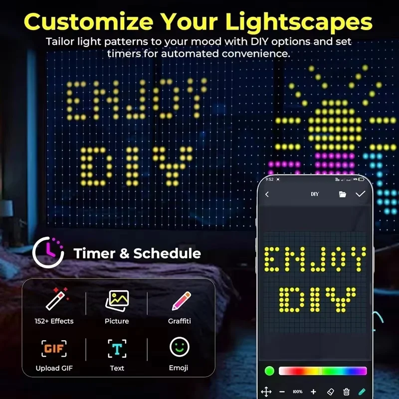 Cortina de luces LED inteligente con control por aplicación, RGB regulable, patrones personalizables, iluminación ambiental musical para el hogar, fiestas, decoración navideña