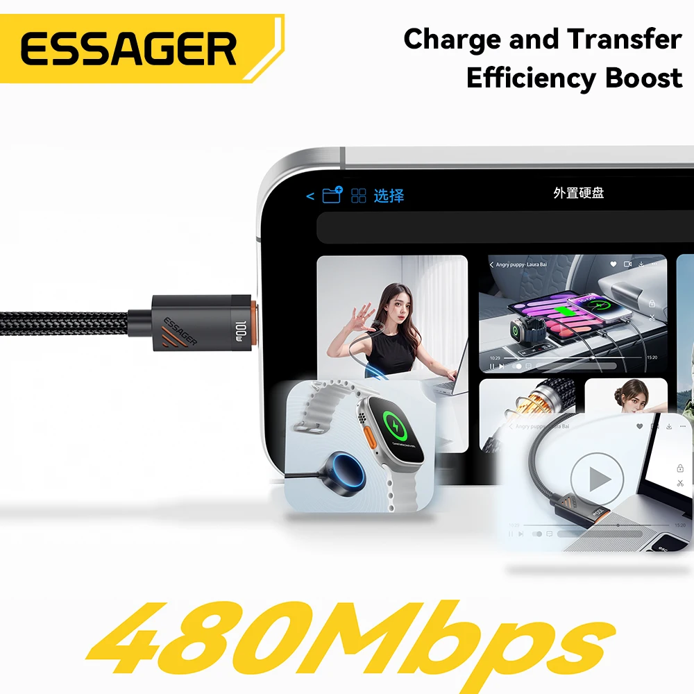 Cable Essager tipo resorte para coche C para iPhone 17 16 15 Pro Xiaomi Samsung 100W PD carga rápida para Macbook iPad Cable tipo C a C