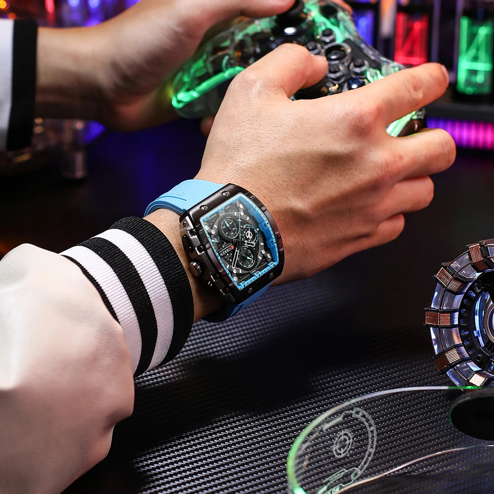 Reloj deportivo CURREN Tonneau con esfera para hombre, reloj de pulsera de cuarzo resistente al agua con fecha automática, correa de silicona amarilla luminosa