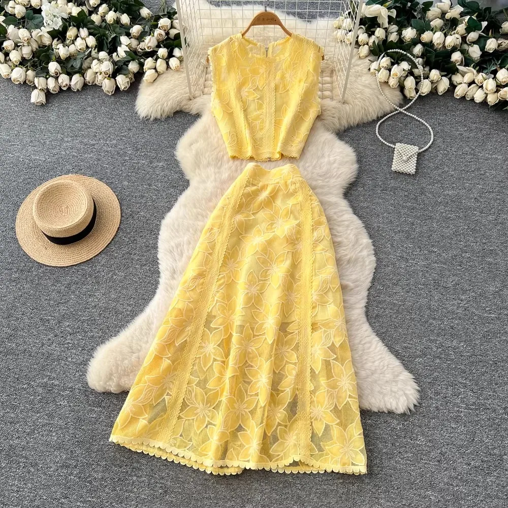 Conjuntos de dos piezas bordados para mujer, elegantes, con aberturas, de ganchillo, top corto sexy, faldas midi de línea A, trajes de 2 piezas, vestidos largos de encaje