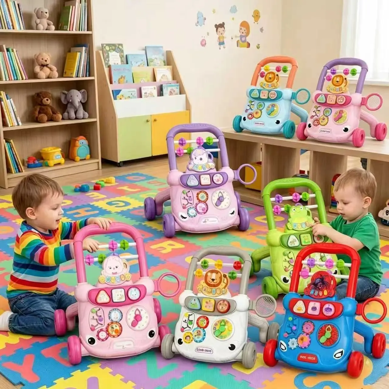 Andador para Bebés con Centro de Actividades Musicales, Andador Multifuncional de Aprendizaje con Diseño de Dibujos Animados para Niños y Niñas de 18 Meses o Más