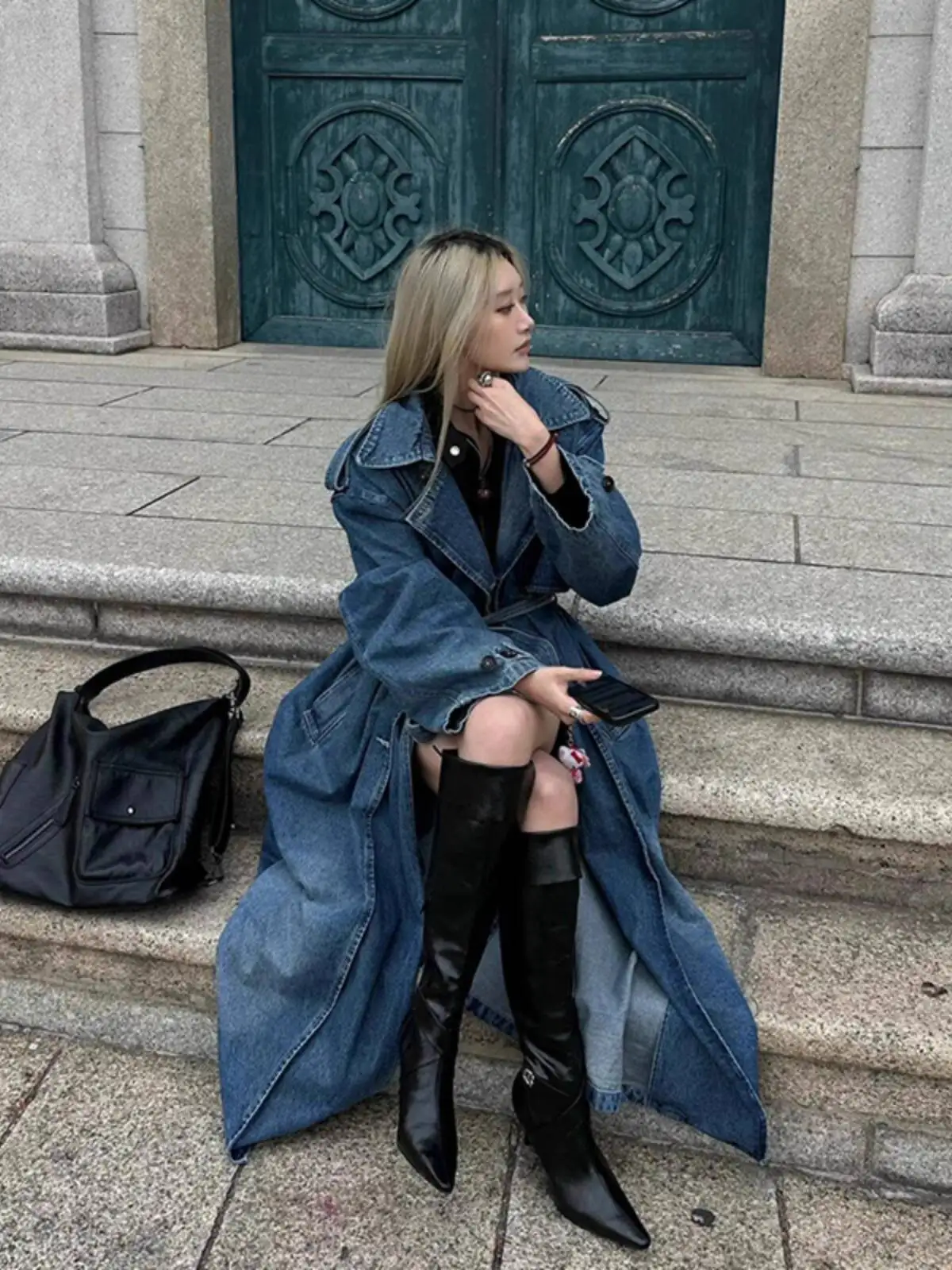 Gabardina cortavientos vaquera larga para mujer, abrigo vaquero Retro con doble botonadura, gabardina larga informal holgada de pierna ancha, otoño 2025